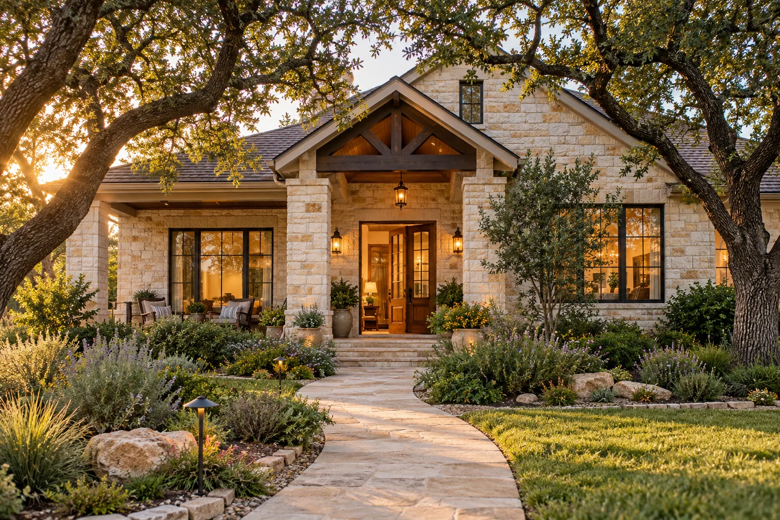 A welcoming Texas limestone home with a warmly lit front porch at sunset