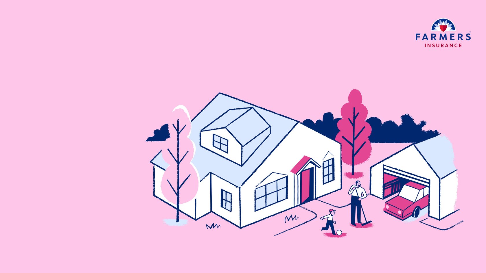 Illustration of a family's insured home, car, and garage